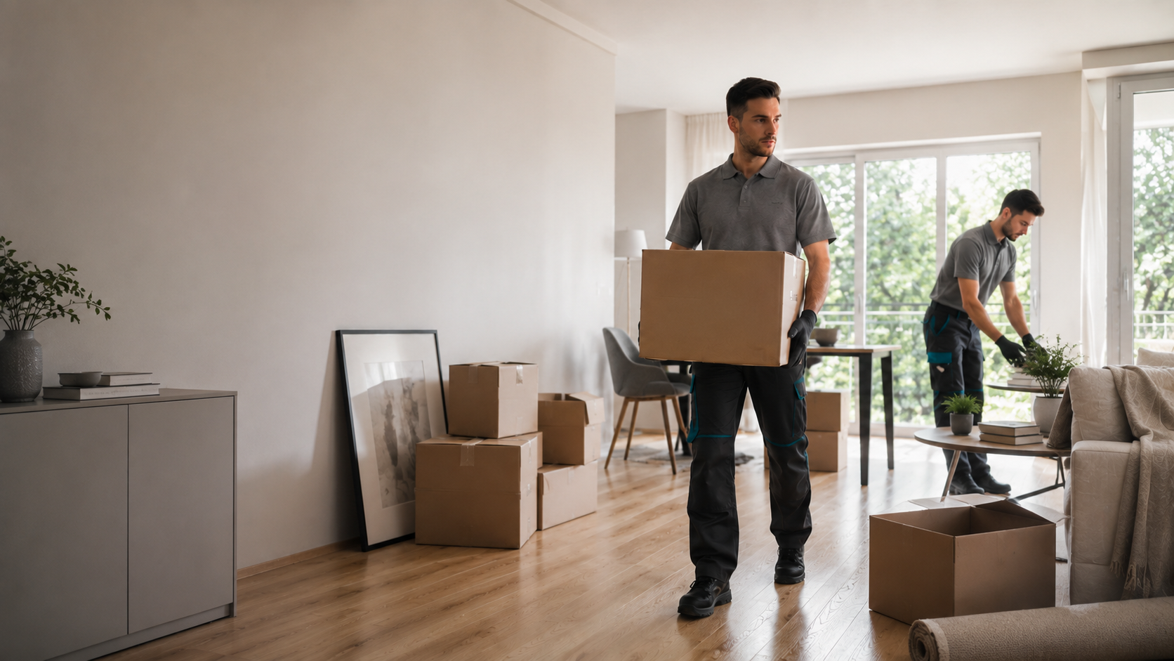 Zwei Mitarbeitende organisieren eine Wohnungsräumung in einer hellen Wohnung.